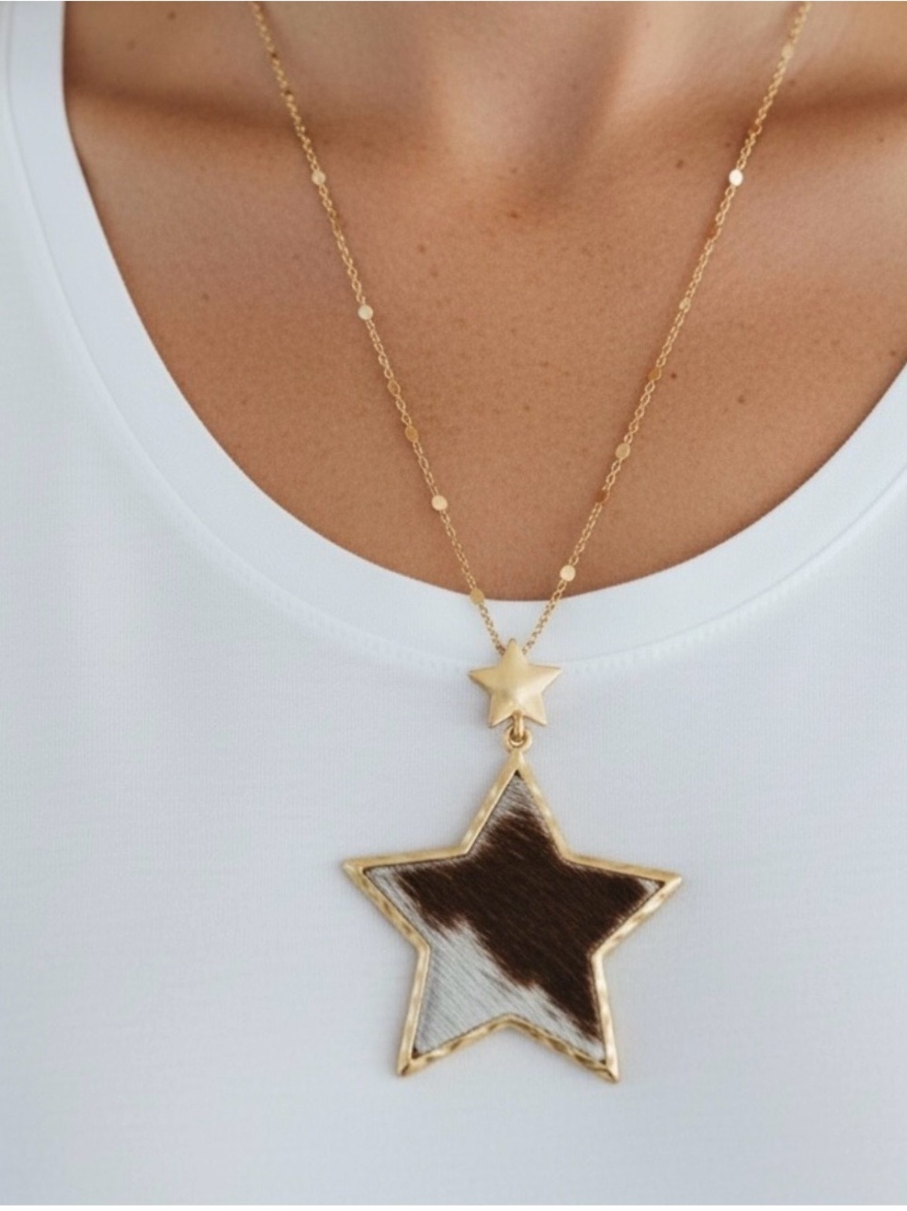 Gold Star Pendant Necklace with Brown & White Haircalf Inlay